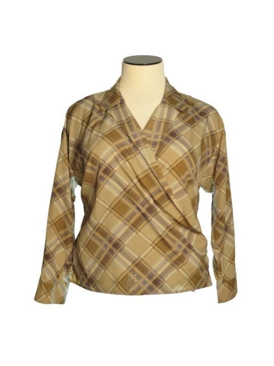 Ralph Lauren Tops - Ralph Lauren Beige Plaid Wrap-Front Long Sleeve Top